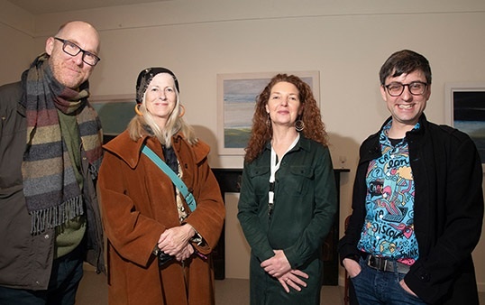 Artists Dominic Thorpe Alice Maher and Bryan Gerard Duffy with interim director Fiona Neary at the opening of Second Home at the Linenhall Arts Centre