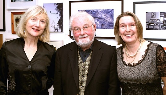 Pictured at the official opening of Mayo Artists Christmas Show in the Linenhall Arts Centre Castlebar from left Veronica Bolay Michael Mullen Novelist who operformed the opening and Marie Farrell Direc